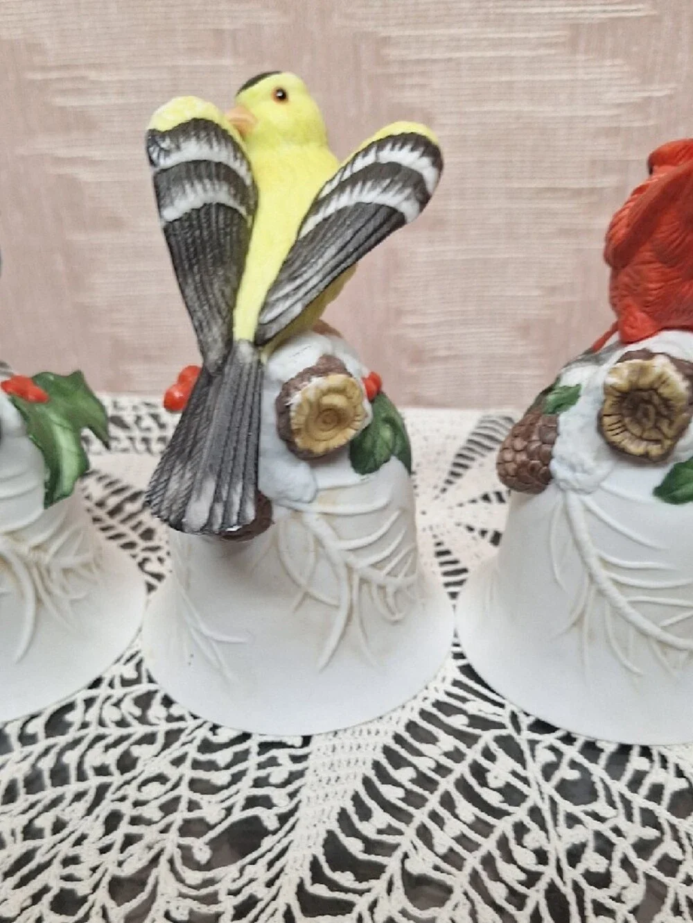 Ceramic Bird Bell Set - Blue, Yellow, Red Decorative Perches